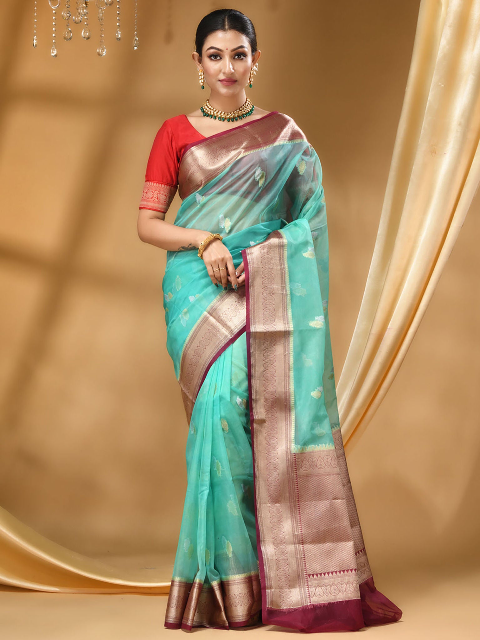 The Weaver's Organza Banarasi Saree With Gold And Silver Buti Sea Green and maroon - THE WEAVER