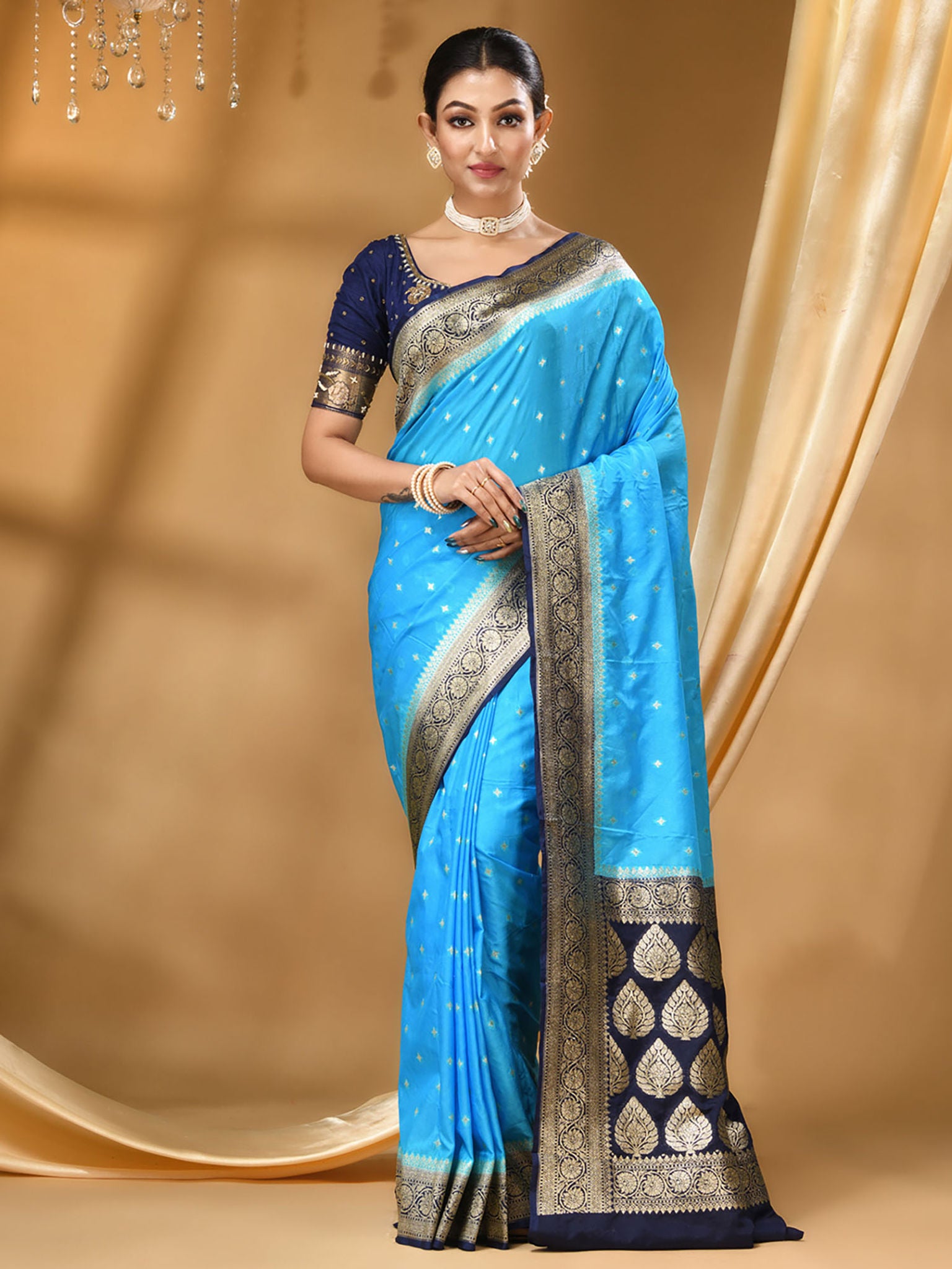 Katan Silk Handloom Banarasi Saree Sky Blue And Black - THE WEAVER