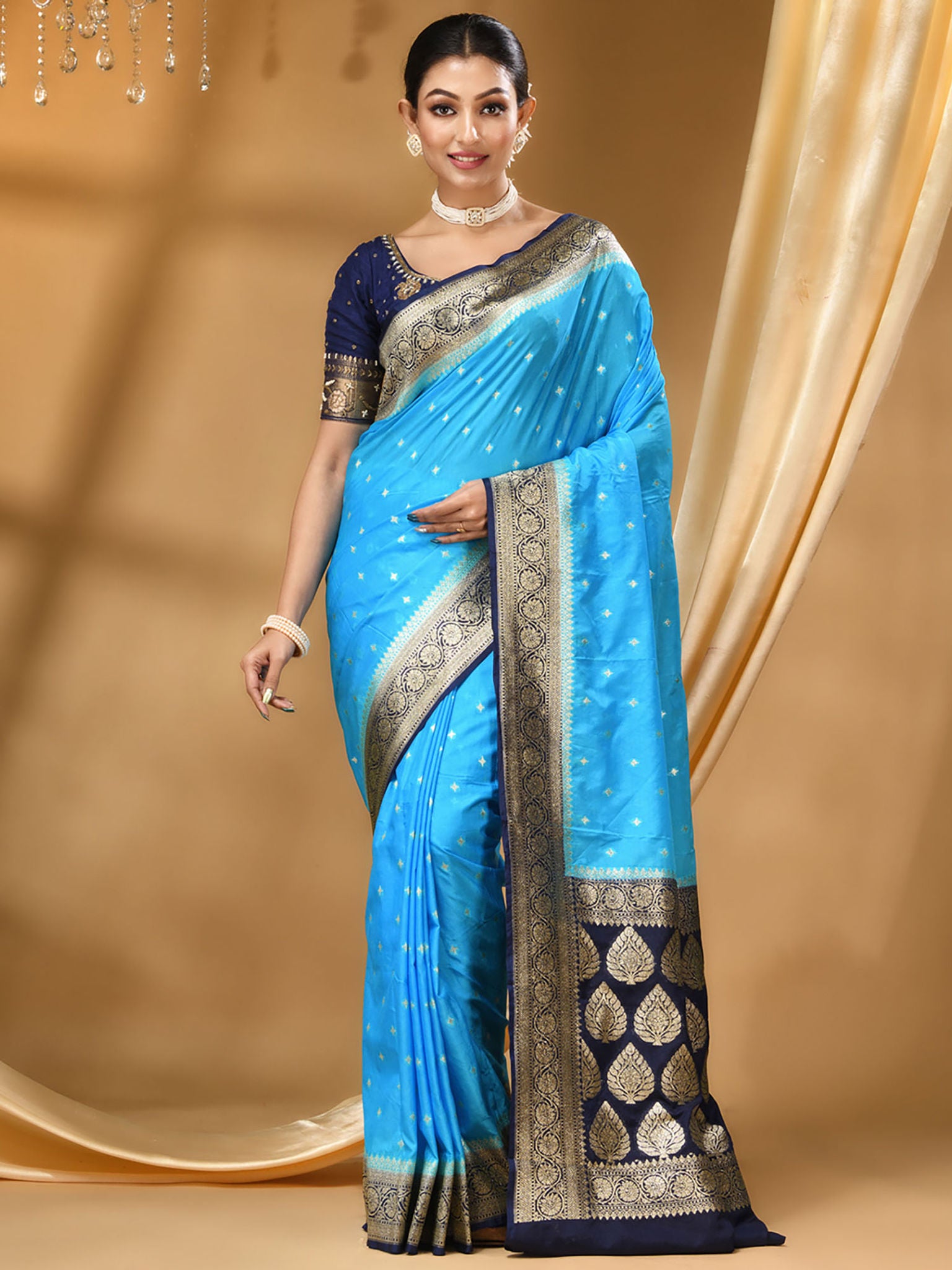 Katan Silk Handloom Banarasi Saree Sky Blue And Black - THE WEAVER