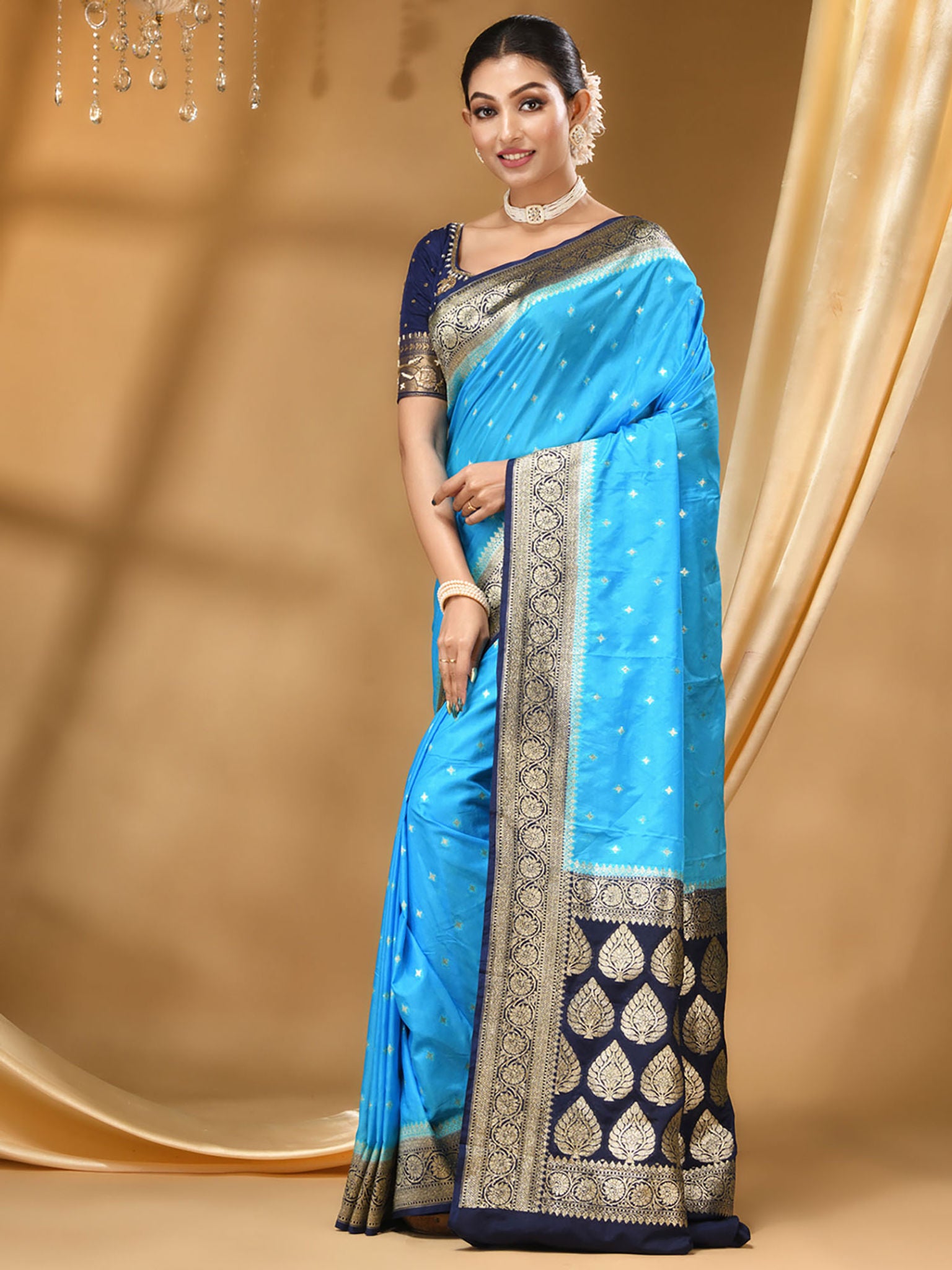 Katan Silk Handloom Banarasi Saree Sky Blue And Black - THE WEAVER