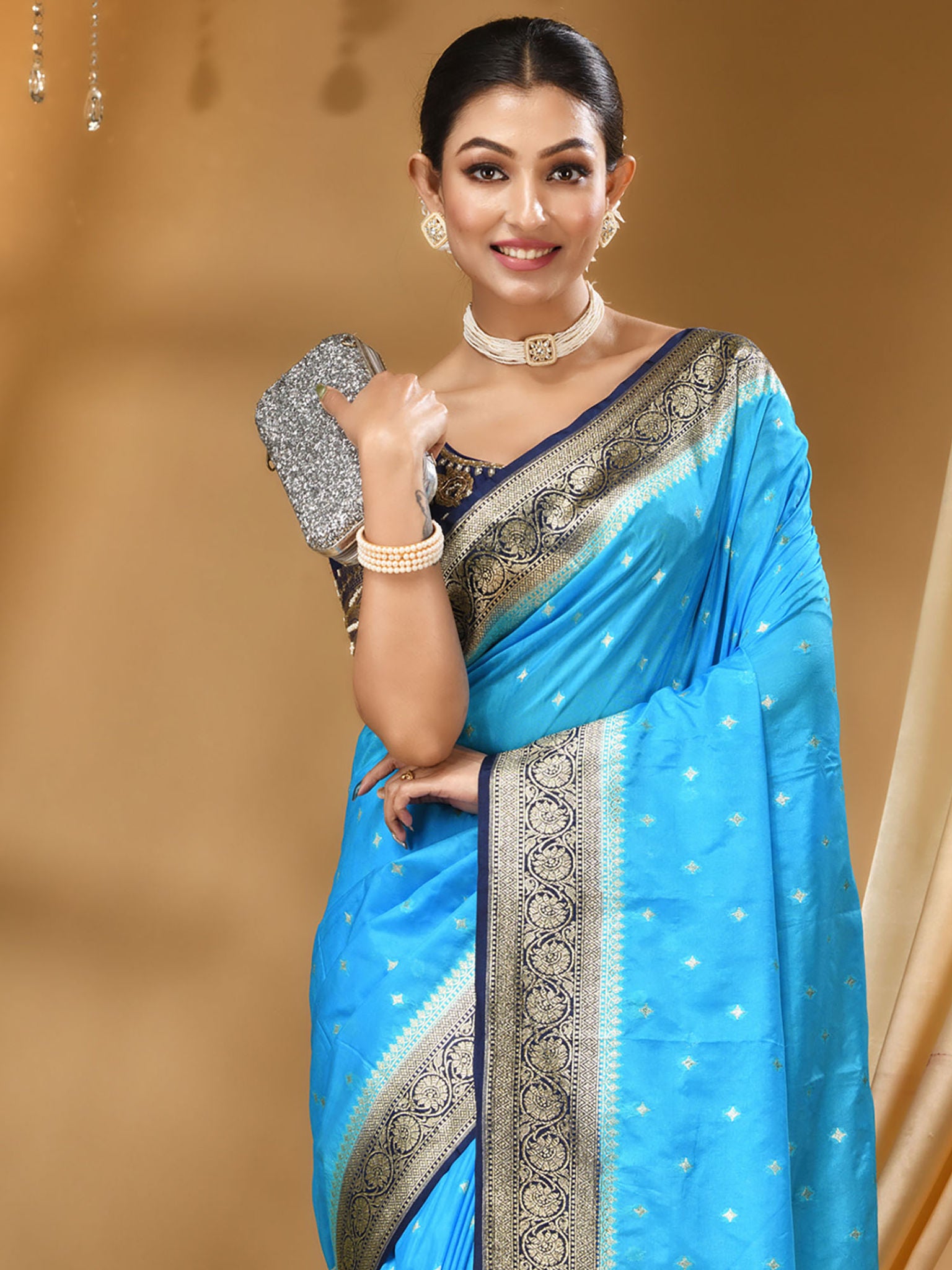 Katan Silk Handloom Banarasi Saree Sky Blue And Black - THE WEAVER