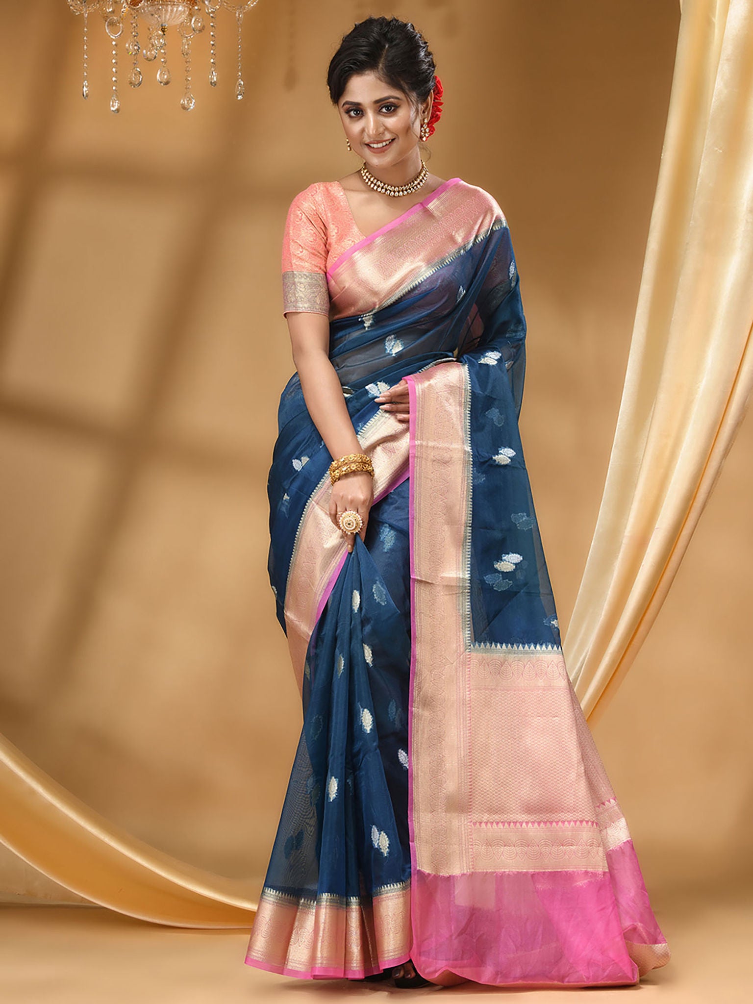 The Weaver's Organza Banarasi Saree With Gold And Silver Buti Nevy Blue And Pink - THE WEAVER