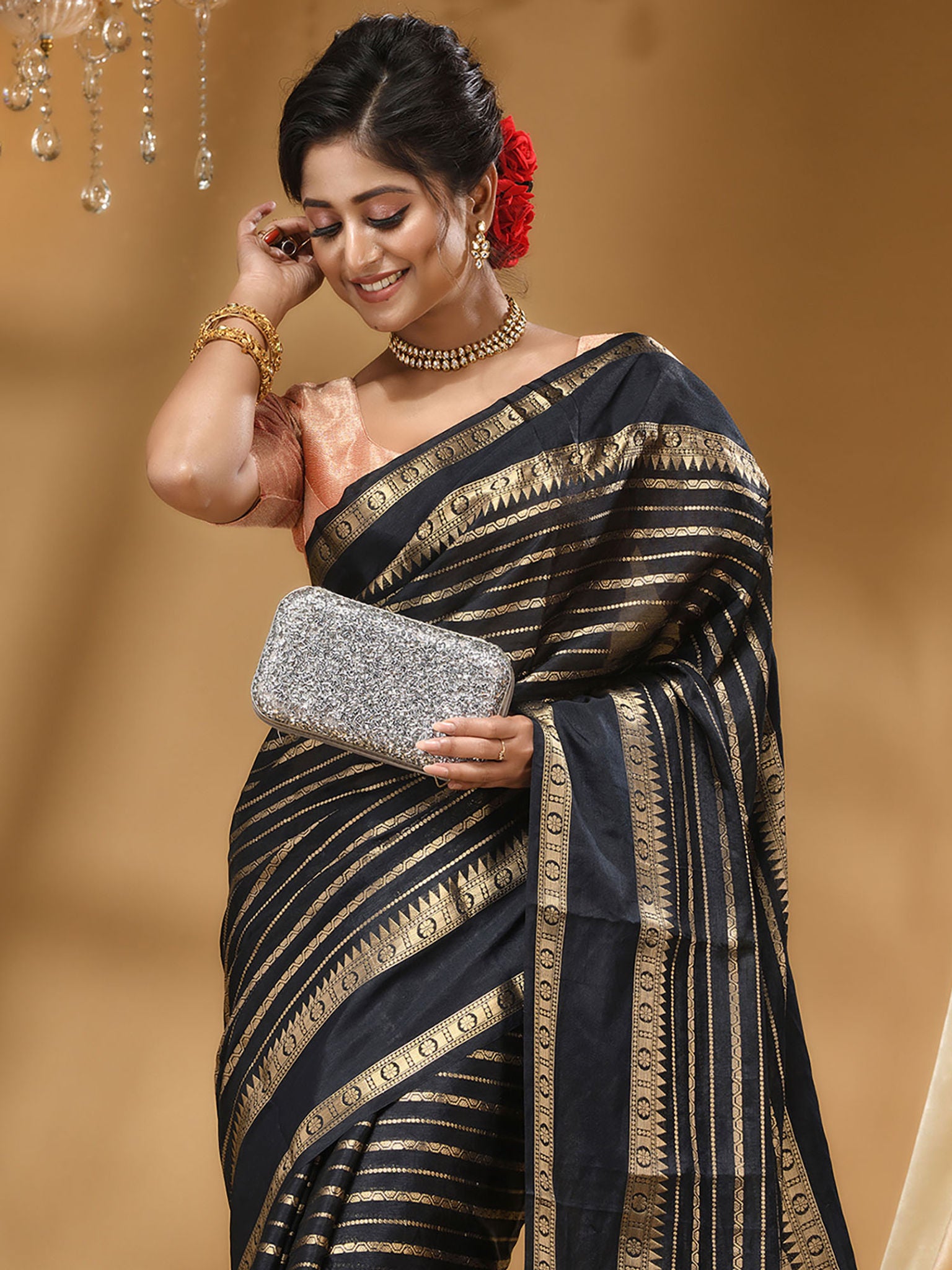 Banarasi Handwoven  Silk Saree With Stripes Design & Solid Border Black - THE WEAVER