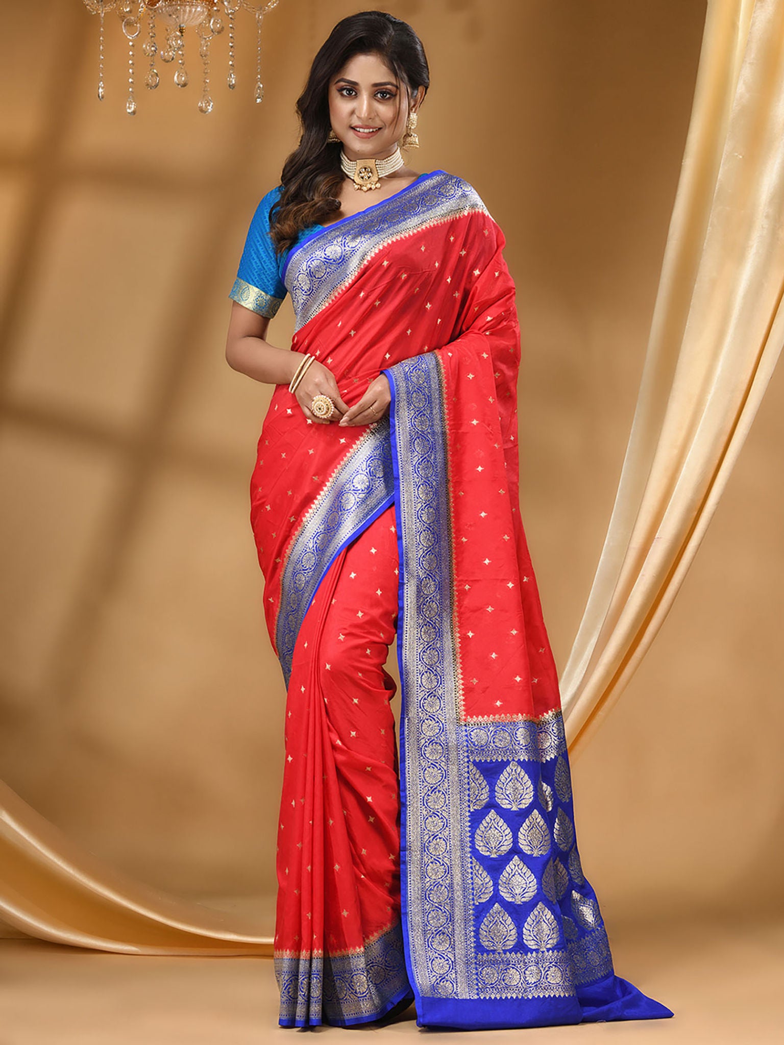 Katan Silk Handloom Banarasi Saree Red And Royal Blue - THE WEAVER