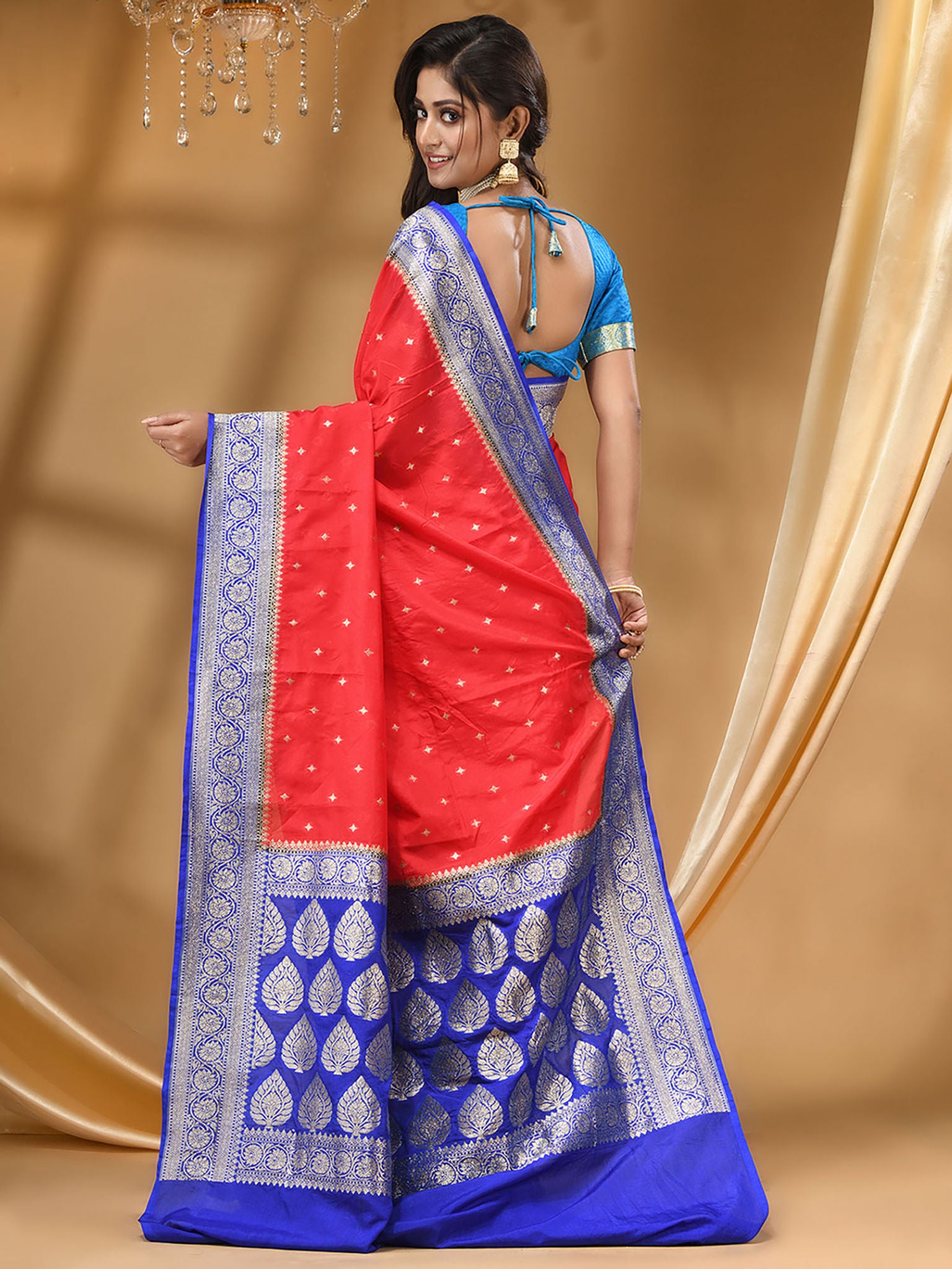 Katan Silk Handloom Banarasi Saree Red And Royal Blue - THE WEAVER