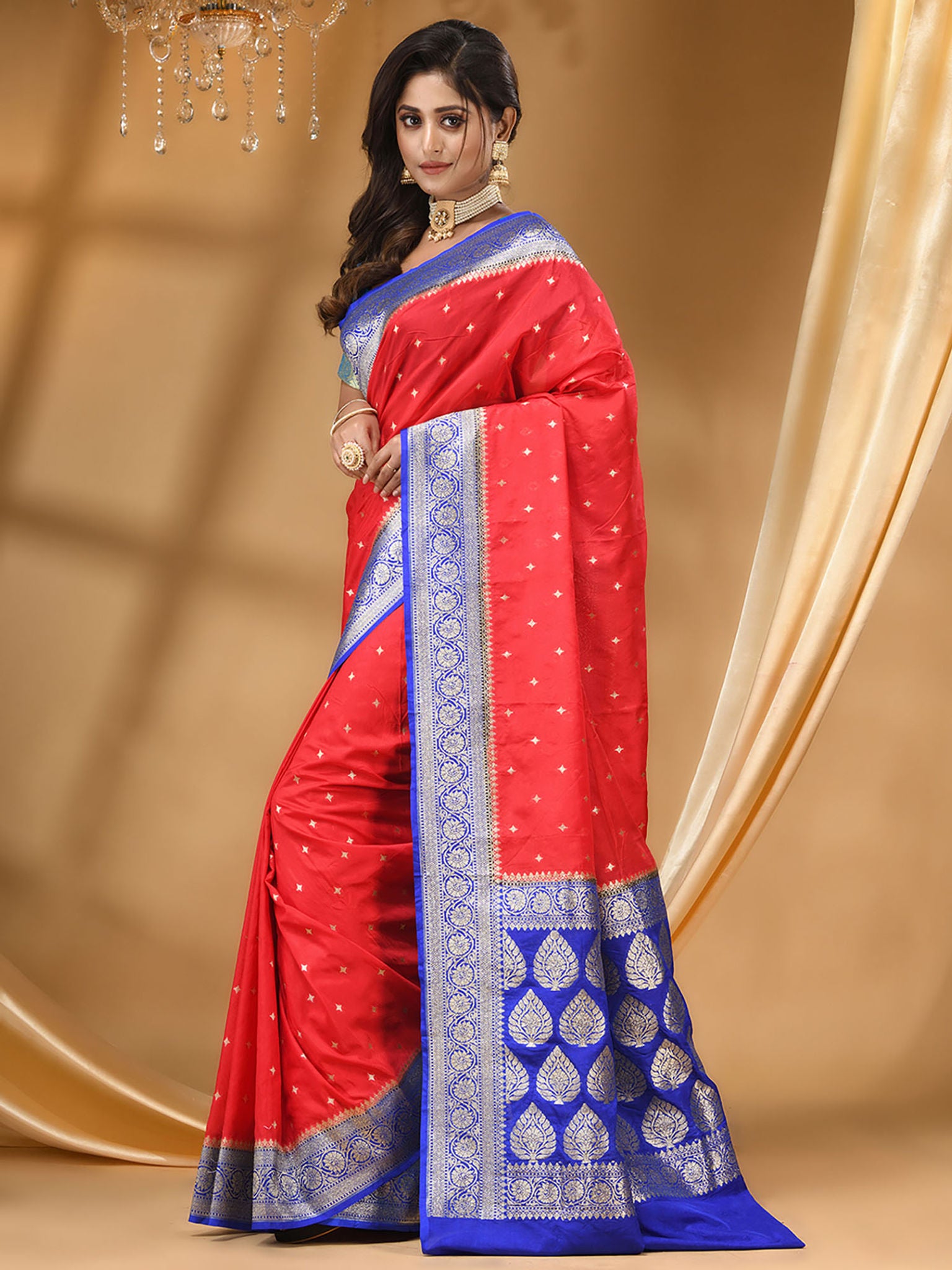 Katan Silk Handloom Banarasi Saree Red And Royal Blue - THE WEAVER