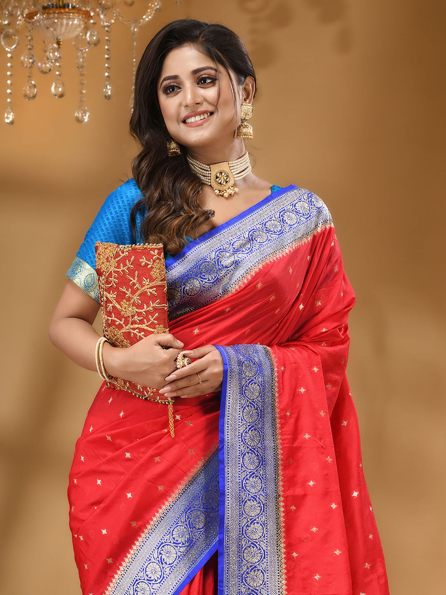 Katan Silk Handloom Banarasi Saree Red And Royal Blue - THE WEAVER