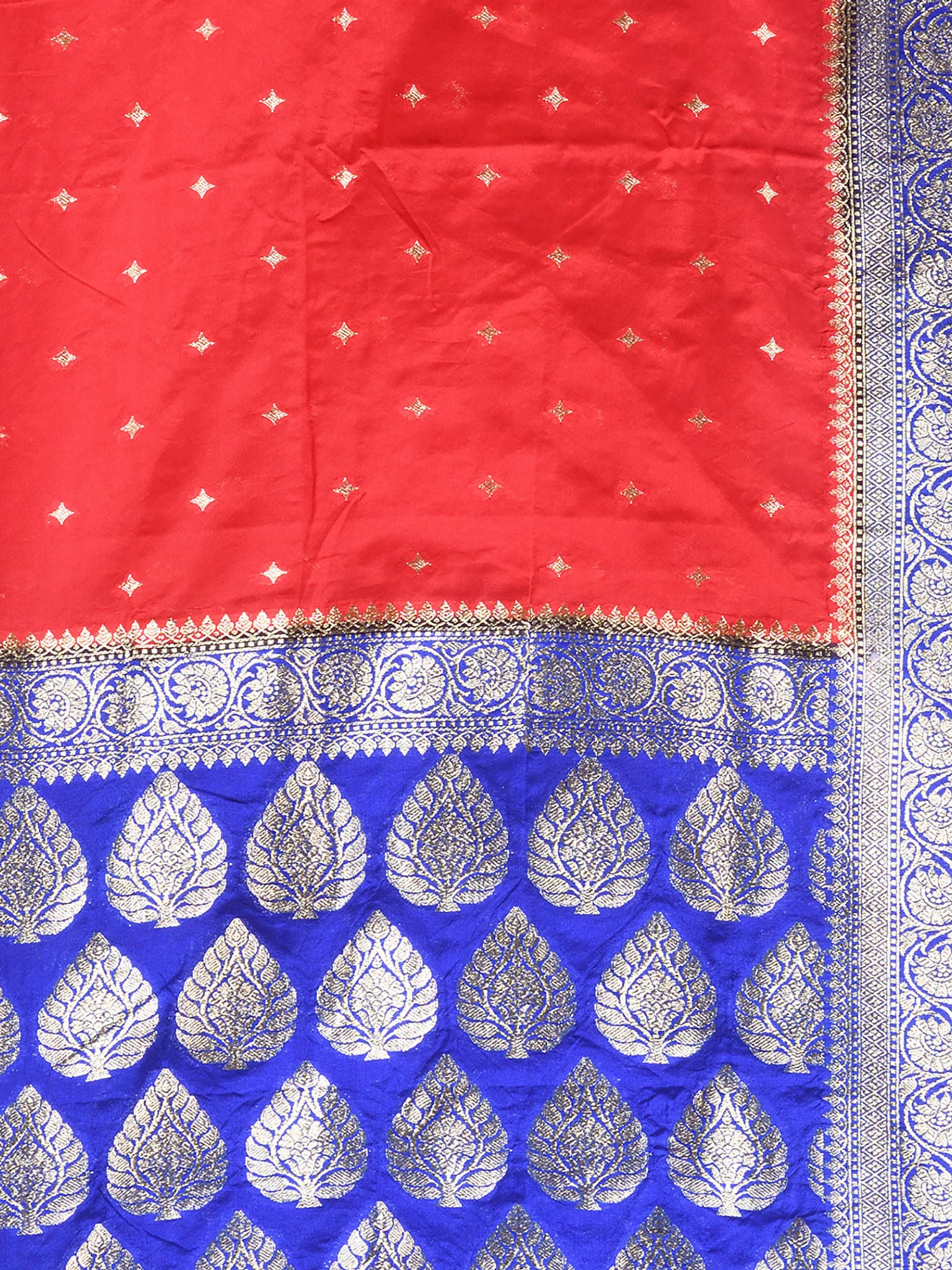 Katan Silk Handloom Banarasi Saree Red And Royal Blue - THE WEAVER