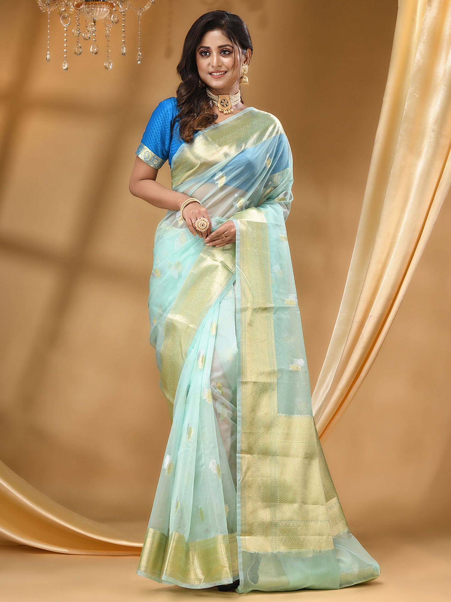 The Weaver's Organza Banarasi Saree With Gold And Silver Buti Mint Green - THE WEAVER