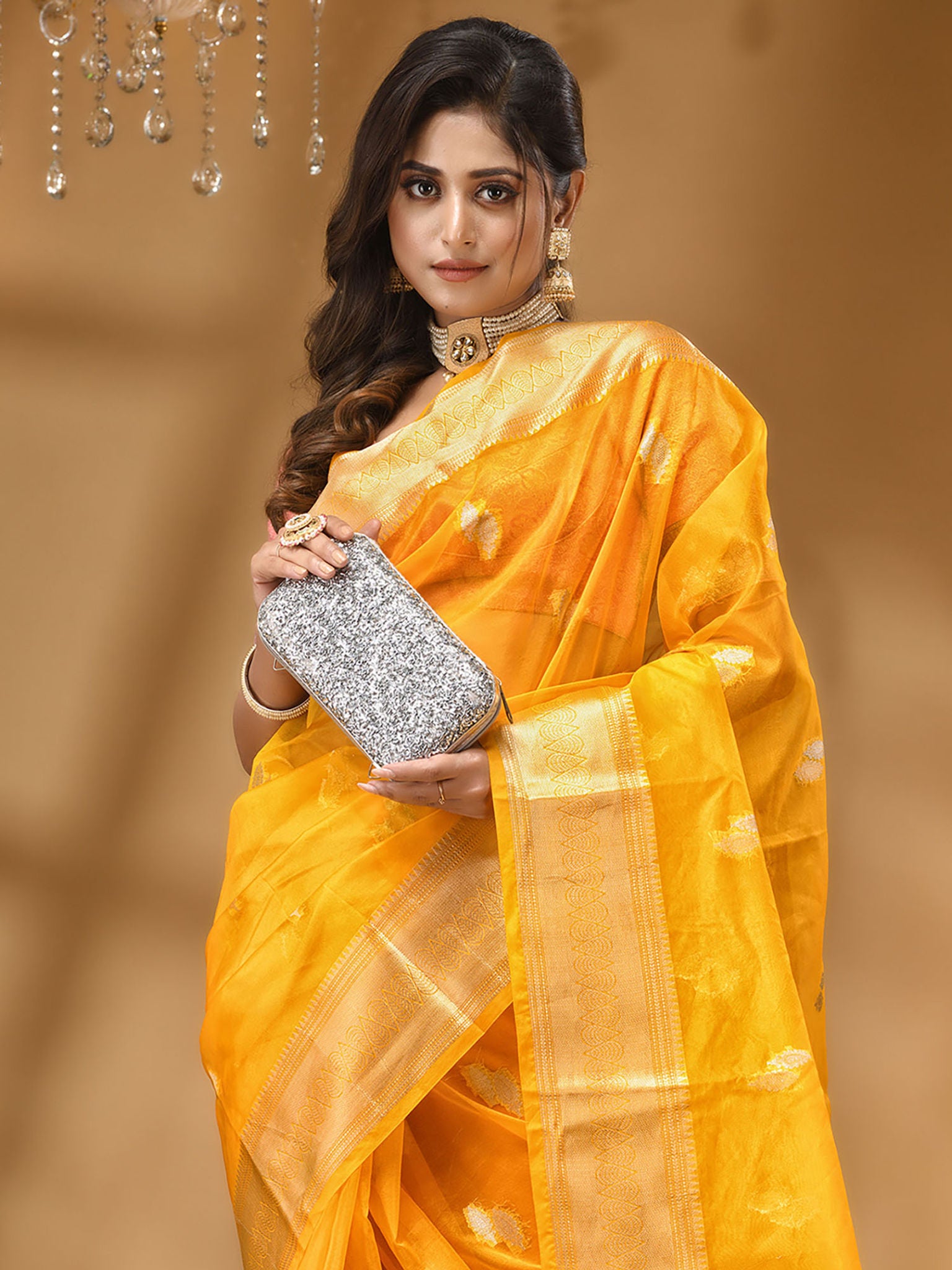 The Weaver's Organza Banarasi Saree With Gold And Silver Buti Yellow - THE WEAVER