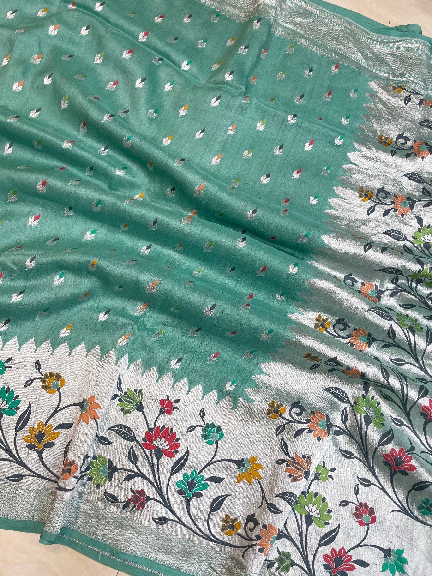 Aqua Blue Pure Tussar Georgette Handloom Banarasi Saree with Paithani Skirt Border - The Weaver Banaras