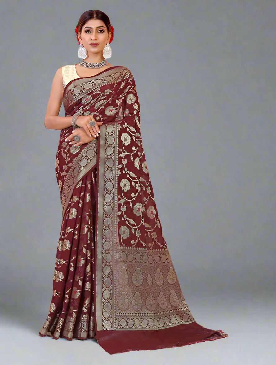 Georgette Banarasi Saree All Over Jaal With Meenakari Wine - The Weaver Banaras