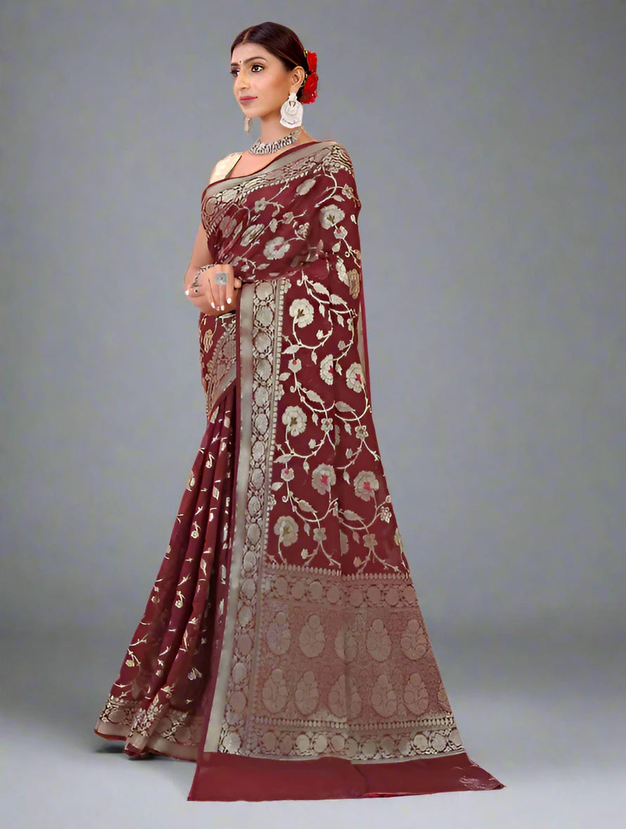 Georgette Banarasi Saree All Over Jaal With Meenakari Wine - The Weaver Banaras