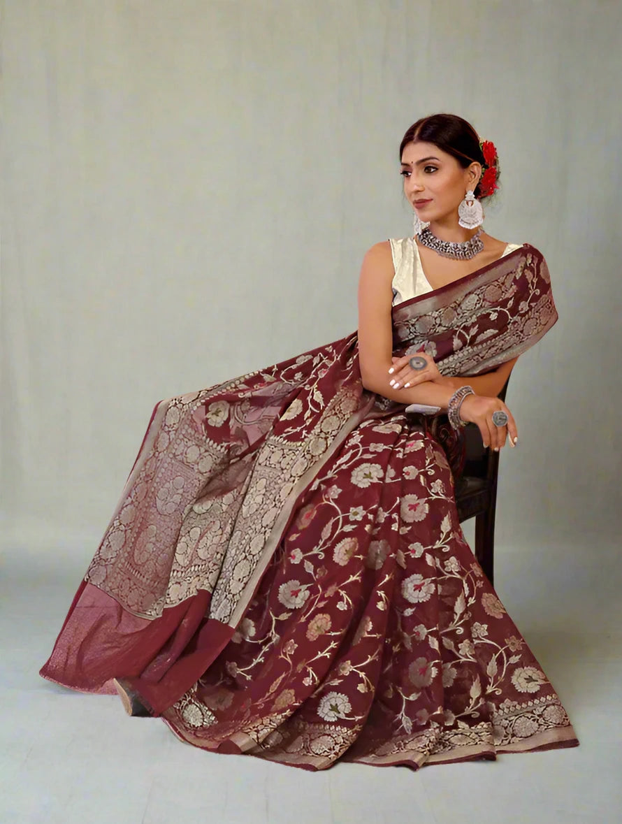 Georgette Banarasi Saree All Over Jaal With Meenakari Wine - The Weaver Banaras