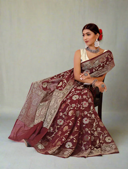 Georgette Banarasi Saree All Over Jaal With Meenakari Wine - The Weaver Banaras