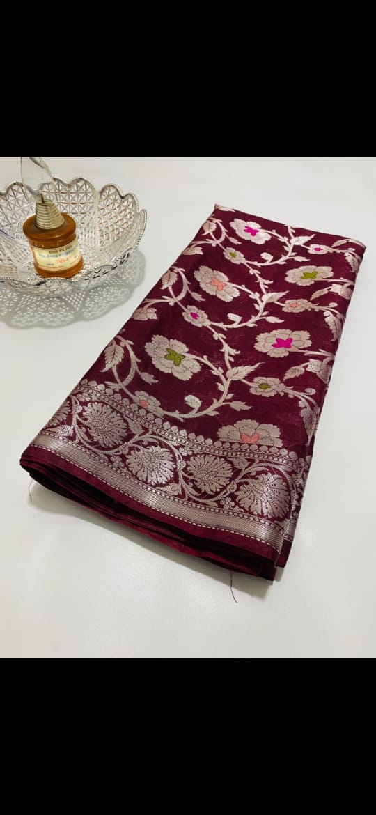 Georgette Banarasi Saree All Over Jaal With Meenakari Wine - The Weaver Banaras