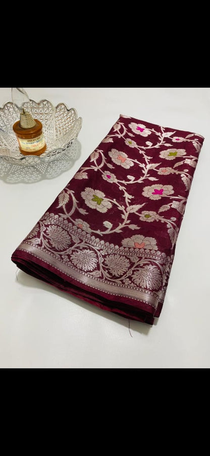 Georgette Banarasi Saree All Over Jaal With Meenakari Wine - The Weaver Banaras