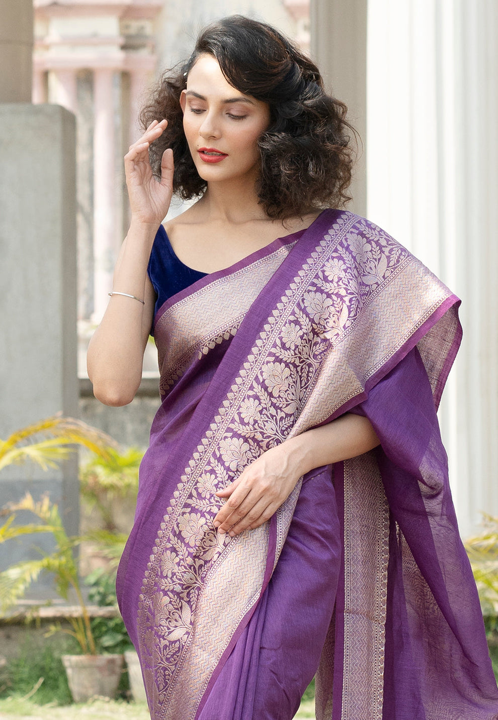 Pure Linen Banarasi Saree Lavender - THE WEAVER