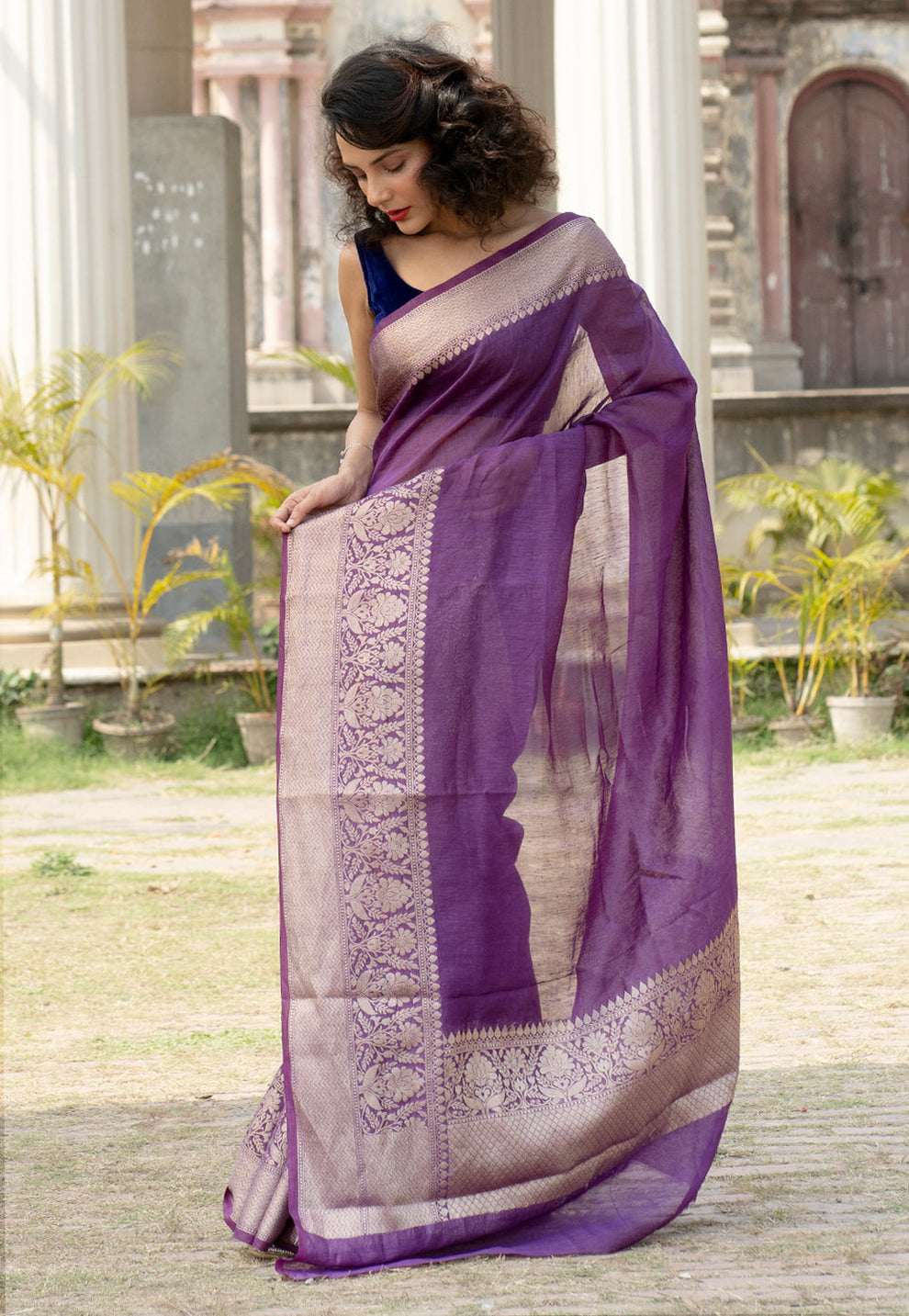 Pure Linen Banarasi Saree Lavender - THE WEAVER