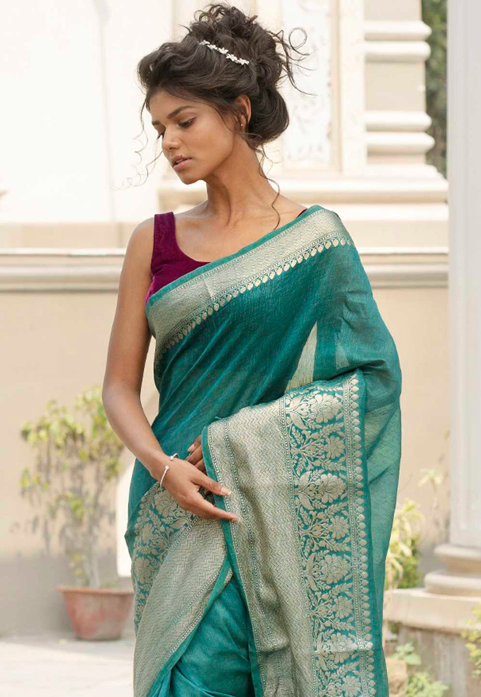 Pure Linen Banarasi Saree Teal Green - THE WEAVER