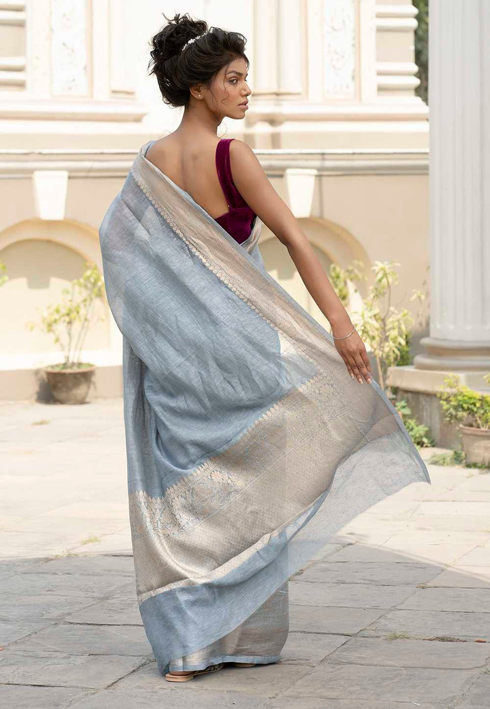 Pure Linen Banarasi Saree Ash Grey - THE WEAVER