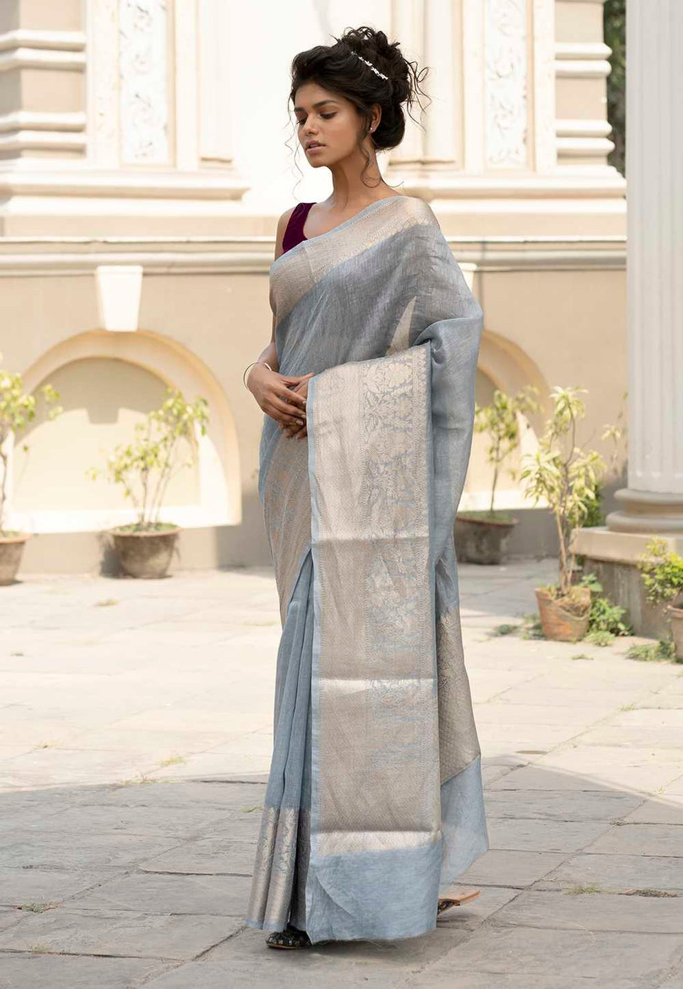 Pure Linen Banarasi Saree Ash Grey - THE WEAVER