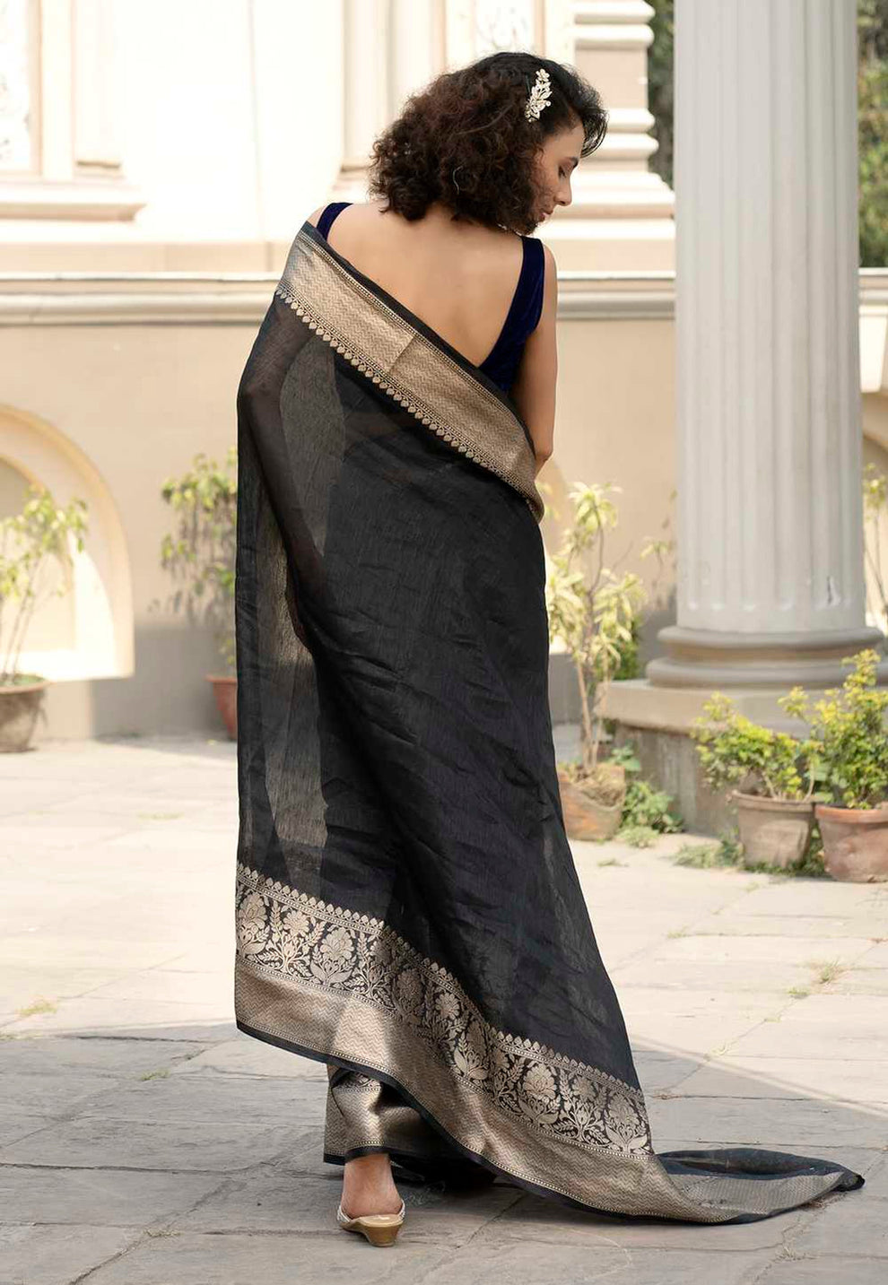 Pure Linen Banarasi Saree Black - THE WEAVER