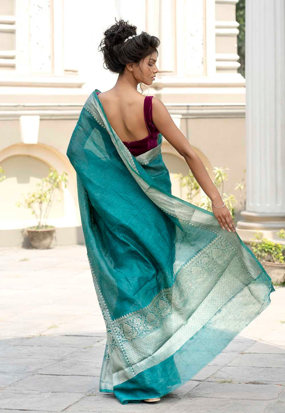 Pure Linen Banarasi Saree Teal Green - THE WEAVER