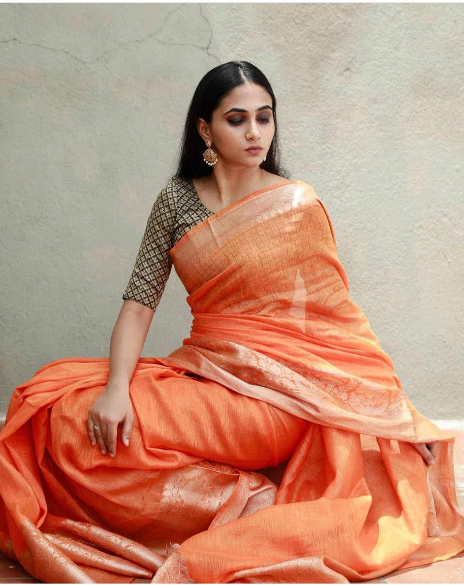 Pure Linen Banarasi Saree Fanta - THE WEAVER