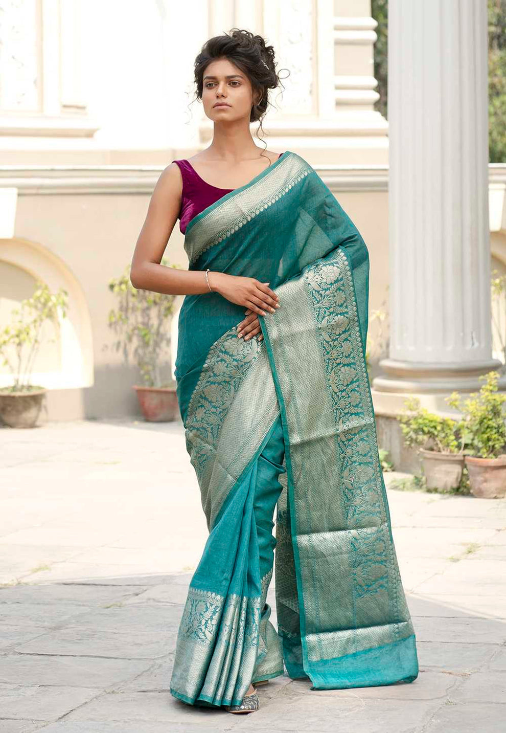 Pure Linen Banarasi Saree Teal Green - THE WEAVER