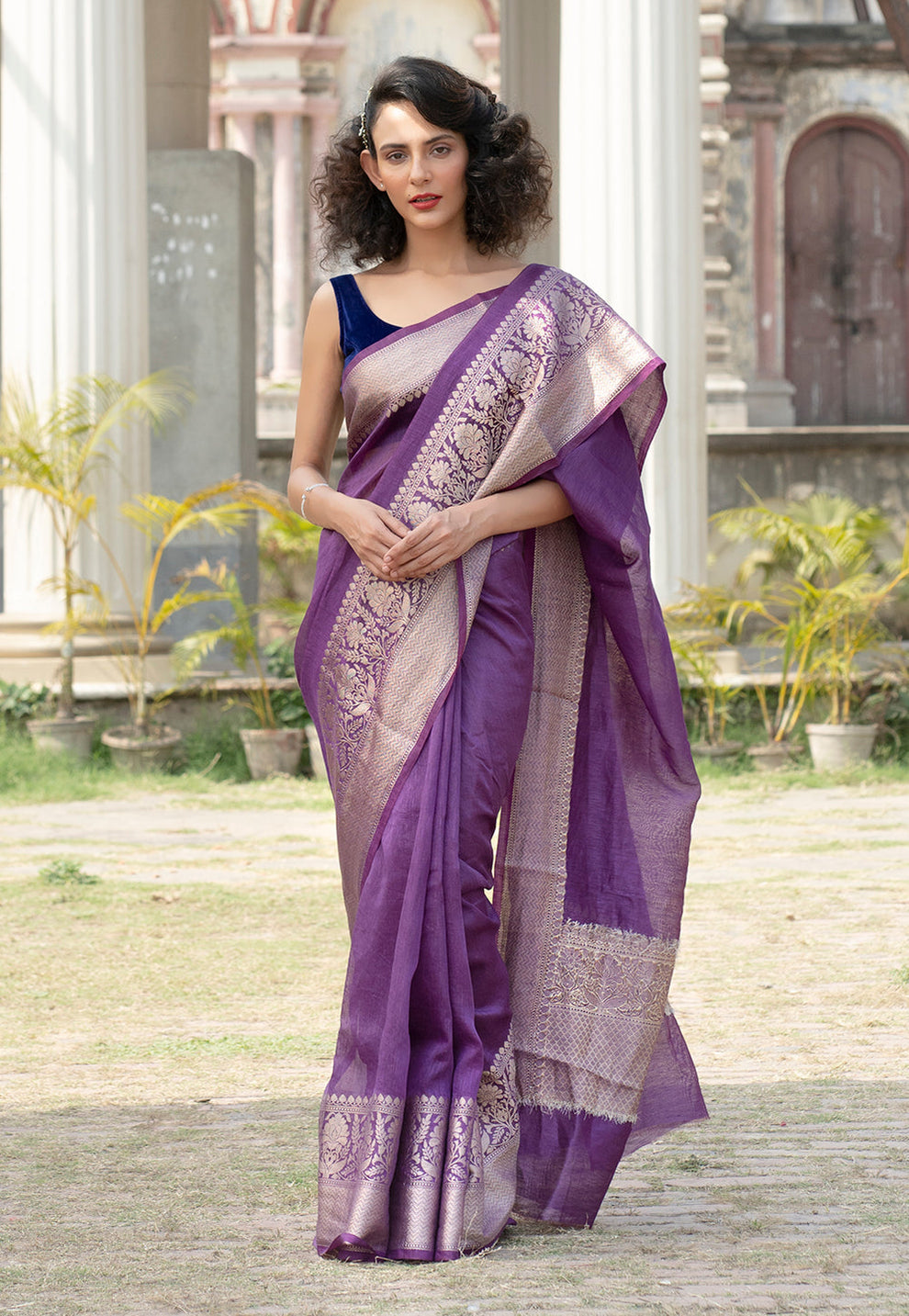 Pure Linen Banarasi Saree Lavender - THE WEAVER