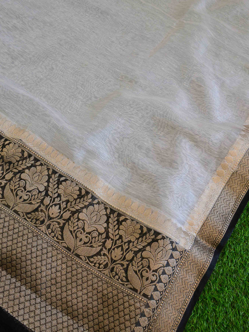 Pure Linen Banarasi Saree White And Black - THE WEAVER