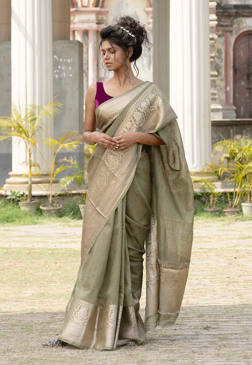 Pure Linen Banarasi Saree Pista - THE WEAVER