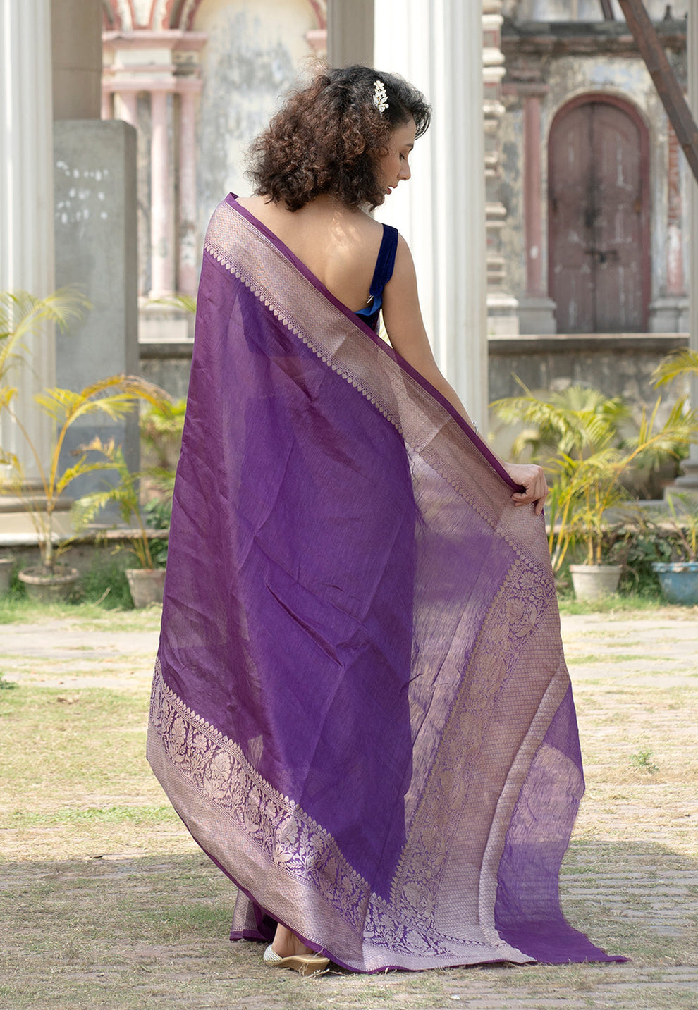 Pure Linen Banarasi Saree Lavender - THE WEAVER