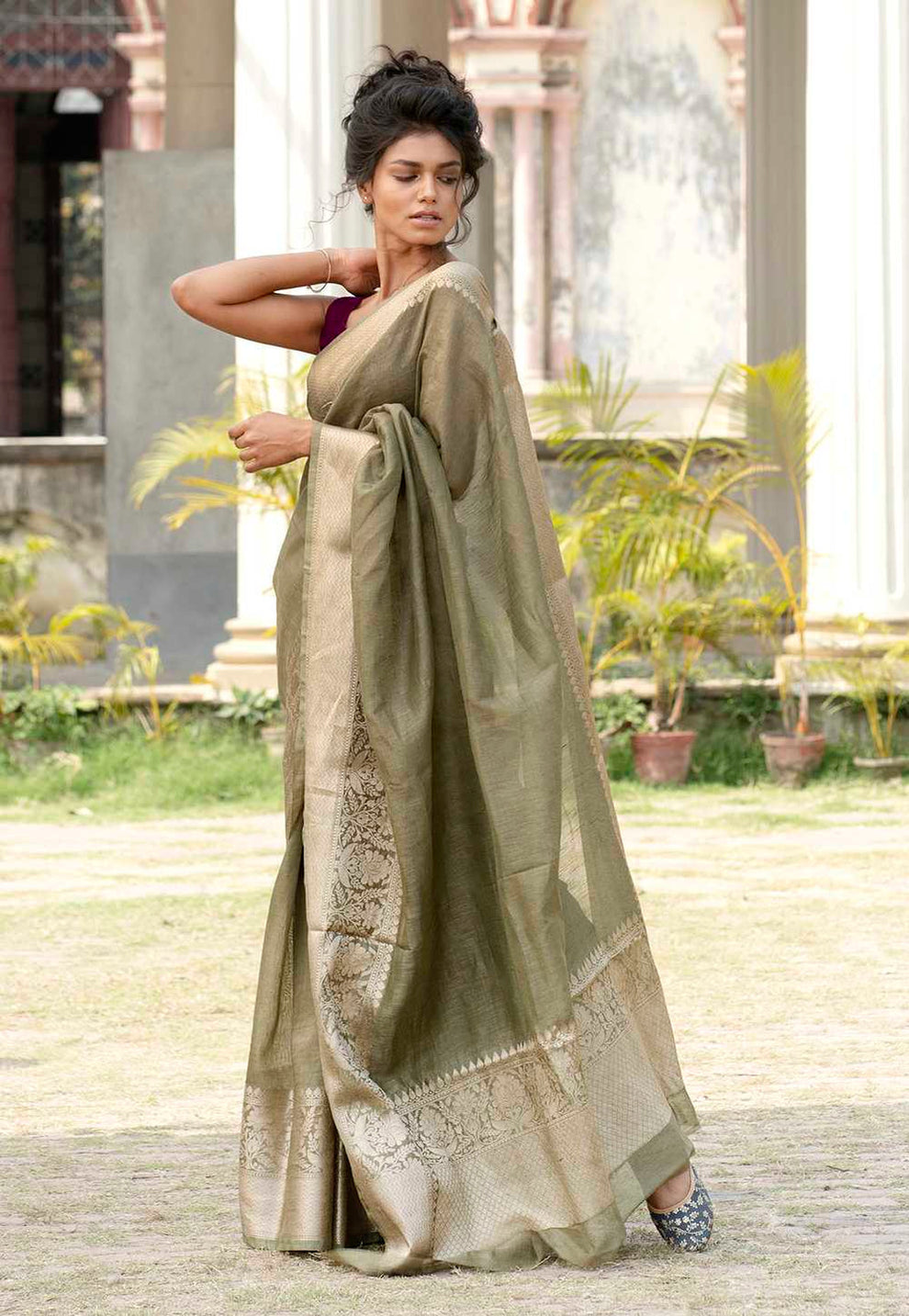 Pure Linen Banarasi Saree Pista - THE WEAVER