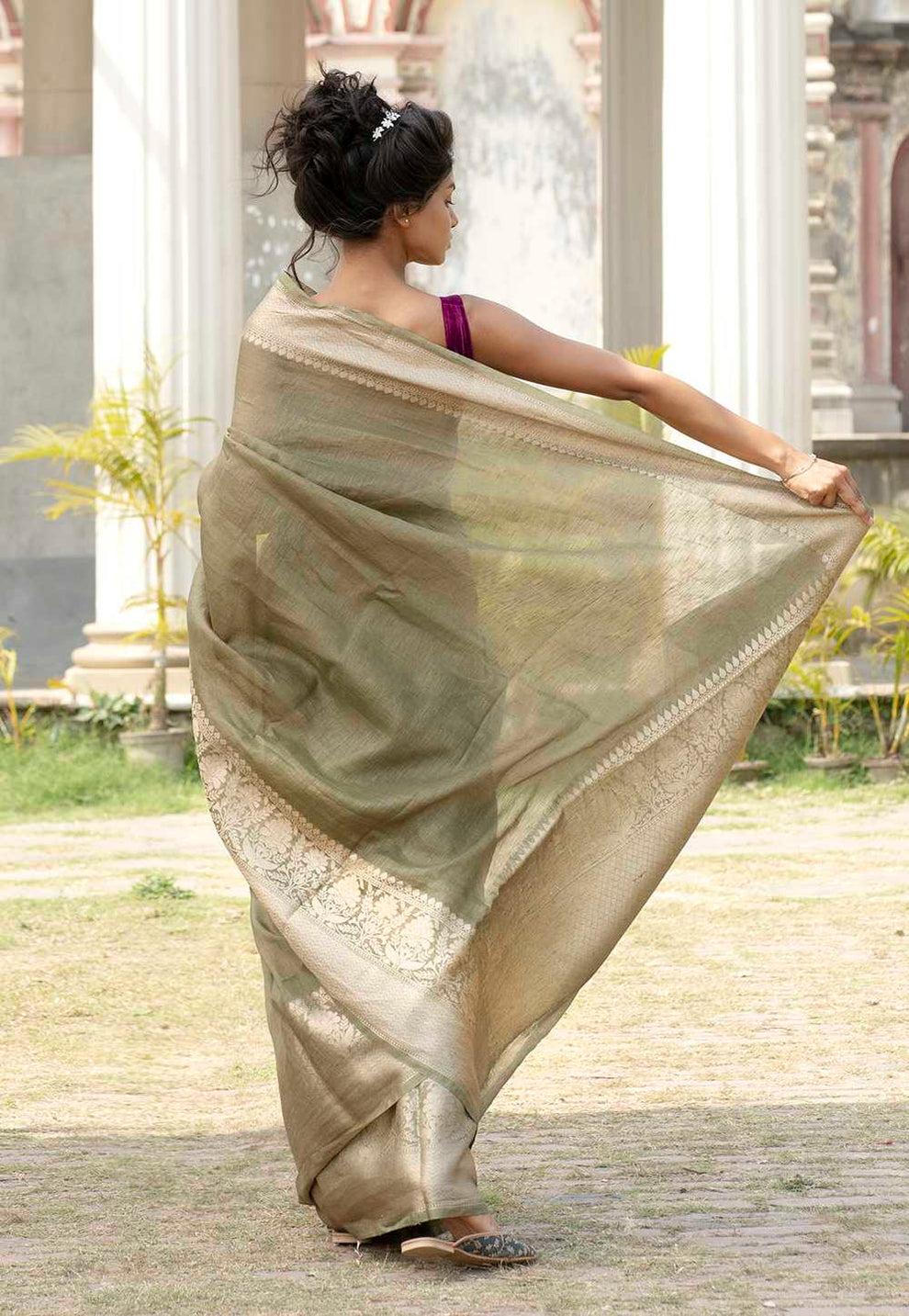 Pure Linen Banarasi Saree Pista - THE WEAVER