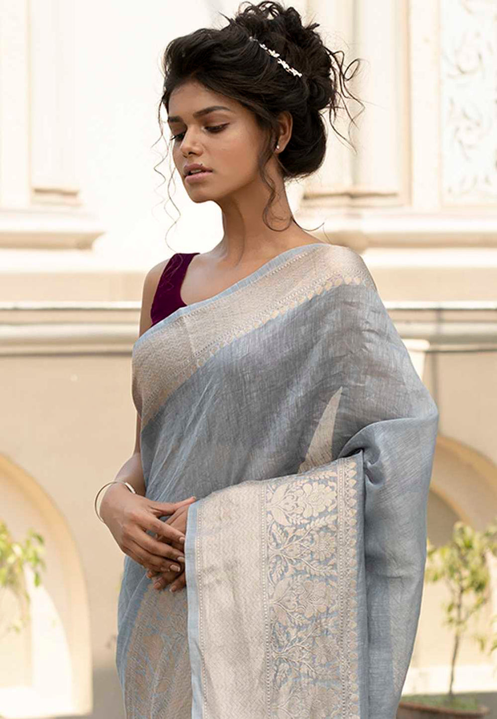 Pure Linen Banarasi Saree Ash Grey - THE WEAVER