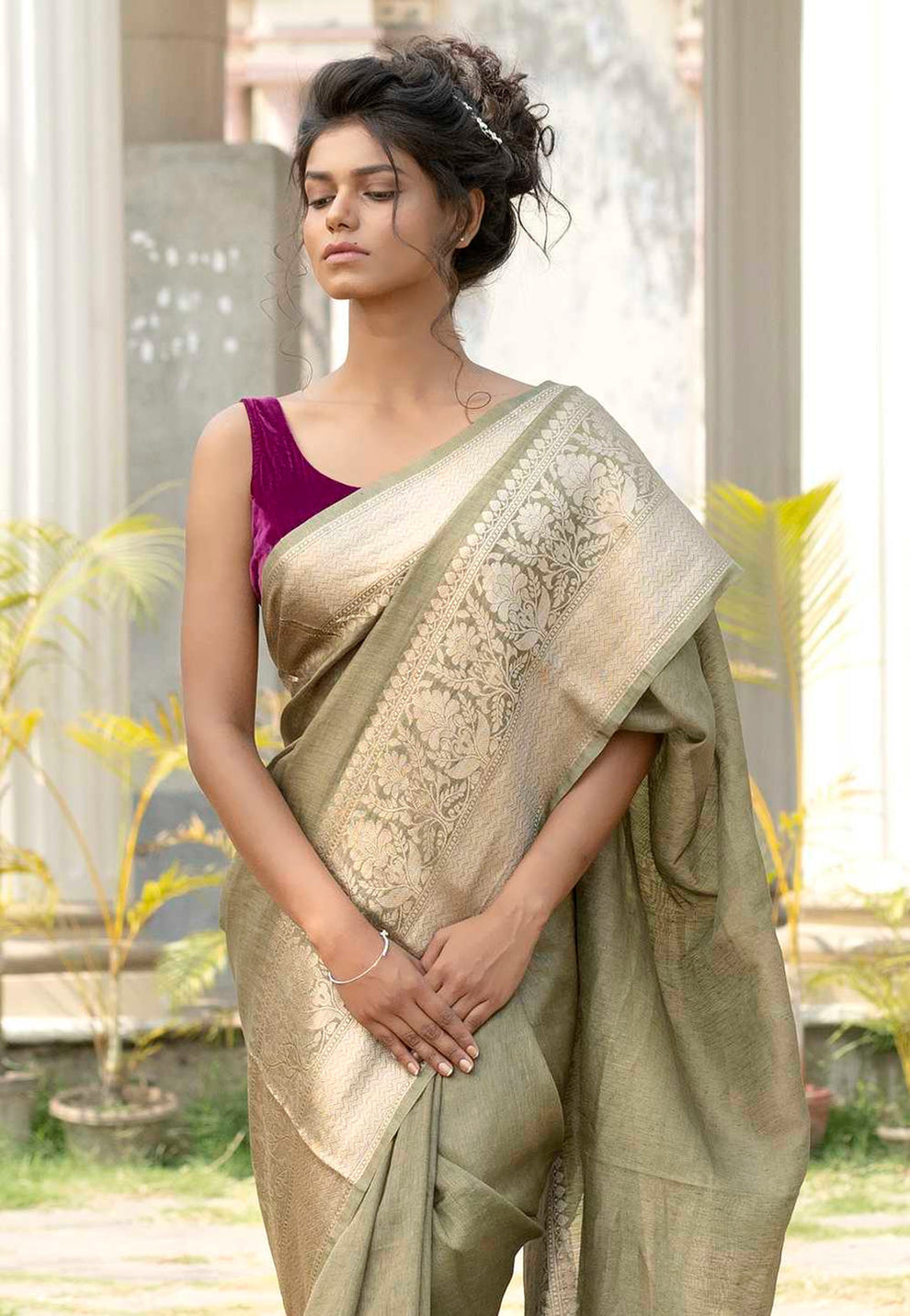 Pure Linen Banarasi Saree Pista - THE WEAVER