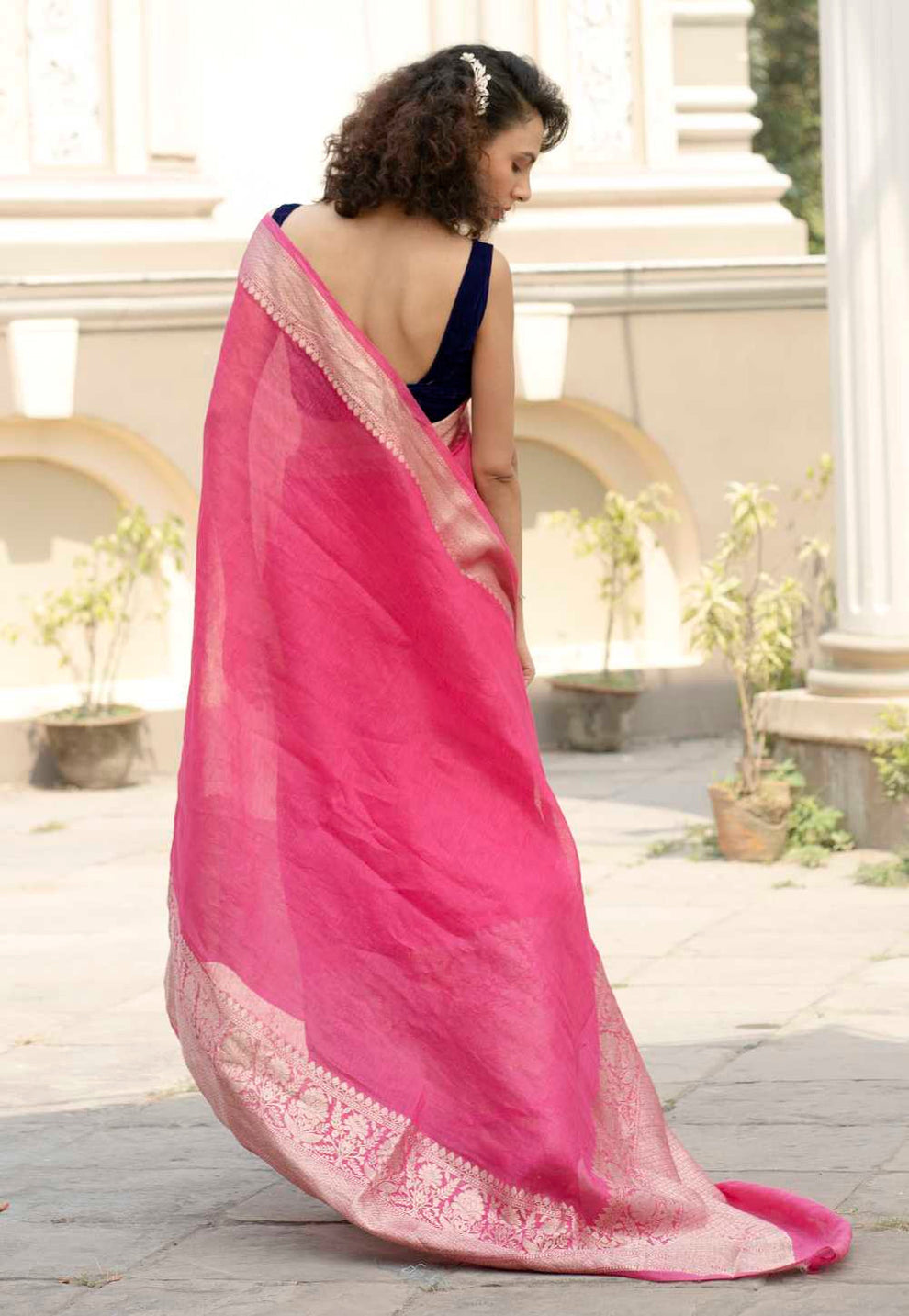 Pure Linen Banarasi Saree Bubblegum Pink - THE WEAVER