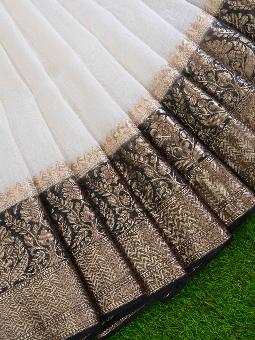 Pure Linen Banarasi Saree White And Black - THE WEAVER