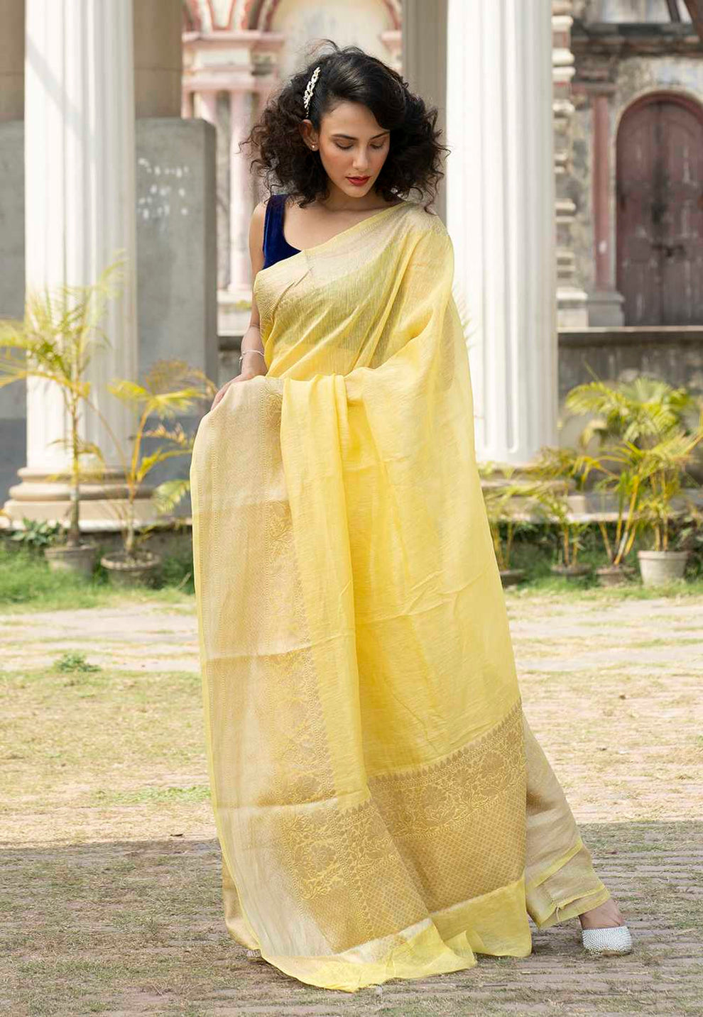 Pure Linen Banarasi Saree Lemon - THE WEAVER