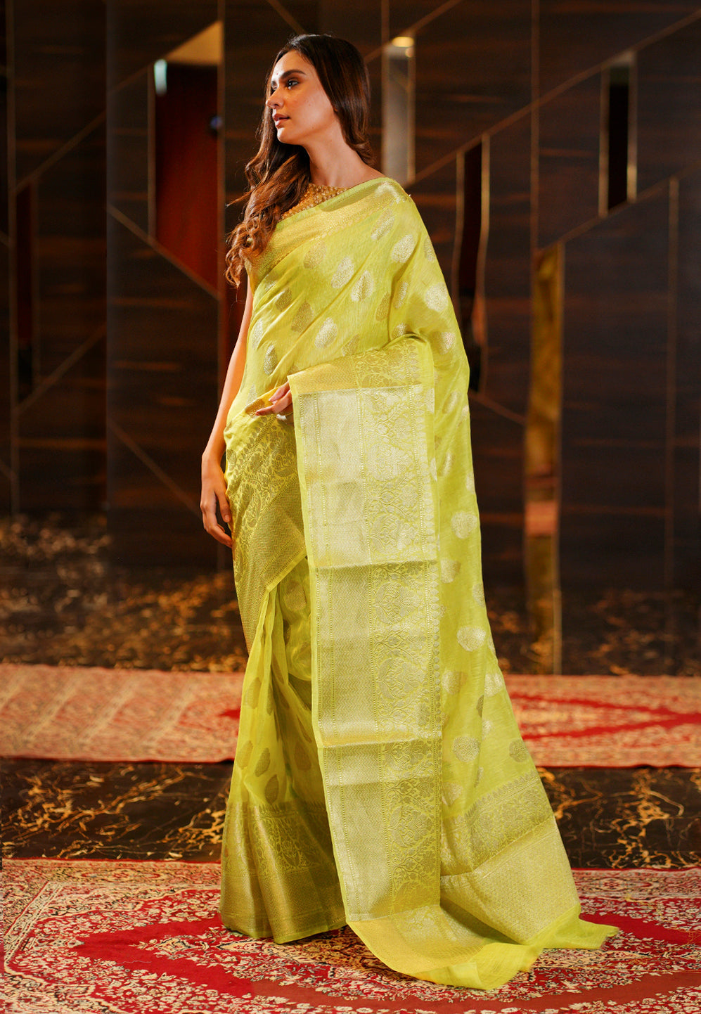 Pure Linen Banarasi Saree Lemon - THE WEAVER