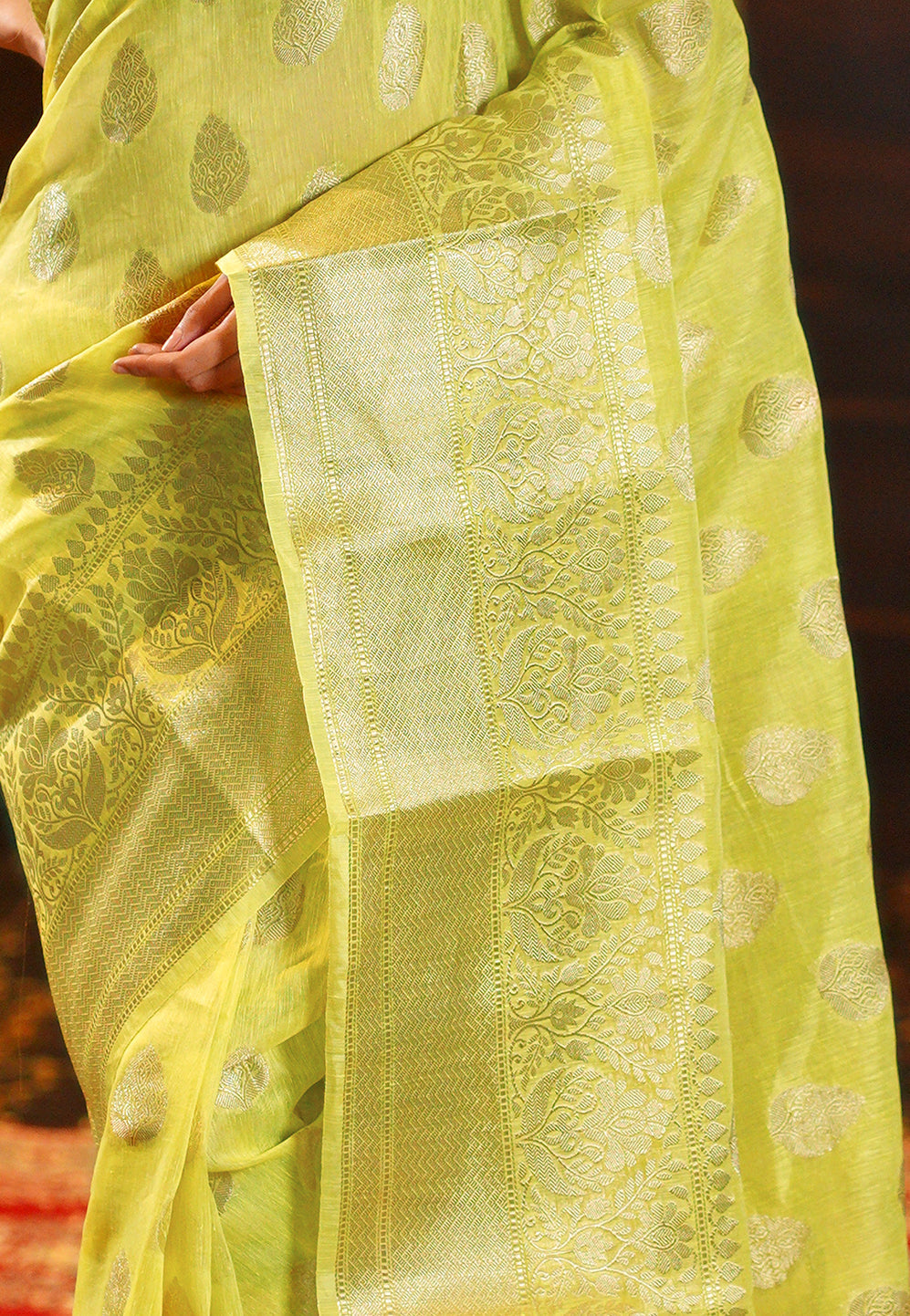 Pure Linen Banarasi Saree Lemon - THE WEAVER