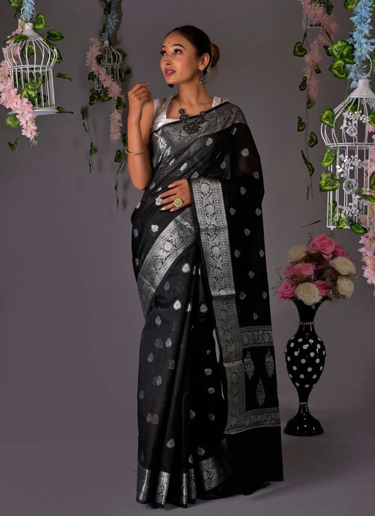 Georgette Khaddi Banarasi Saree-Black.