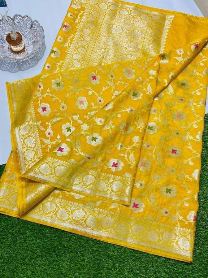 Georgette Banarasi Saree All Over Jaal With Meenakari Bright Yellow - THE WEAVER